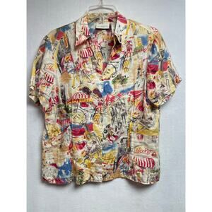 Liz Claiborne petite 12P collared top 100% Linen market print‎ design women’s